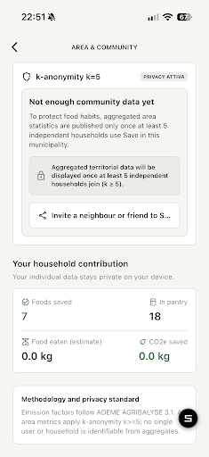Save area and community screen showing privacy-protected neighborhood statistics with k-anonymity indicator