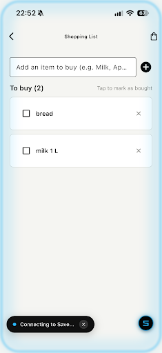 Save shopping list screen showing inventory-aware list with duplicate detection — authentic Build 24 UI